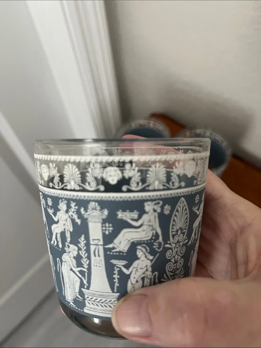 Jeannette Glass Grecian Jasperware Blue and White Classical Motif Glasses (5)